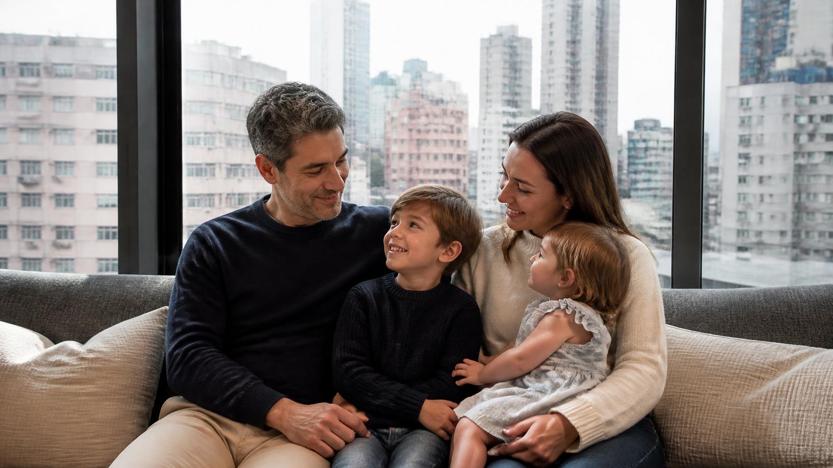 Illustrative family sharing a moment on a sofa with Hong Kong buildings outside the window